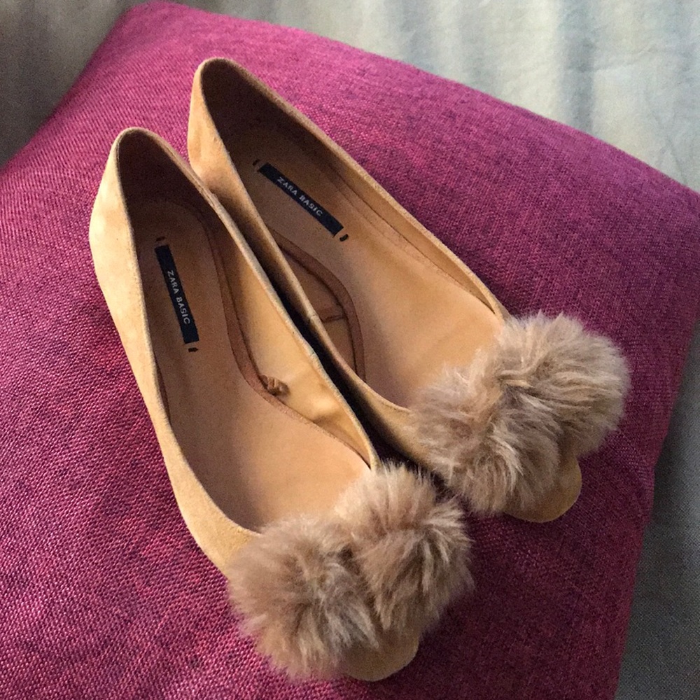 Zara Basic mustard flats with Pom-Pom